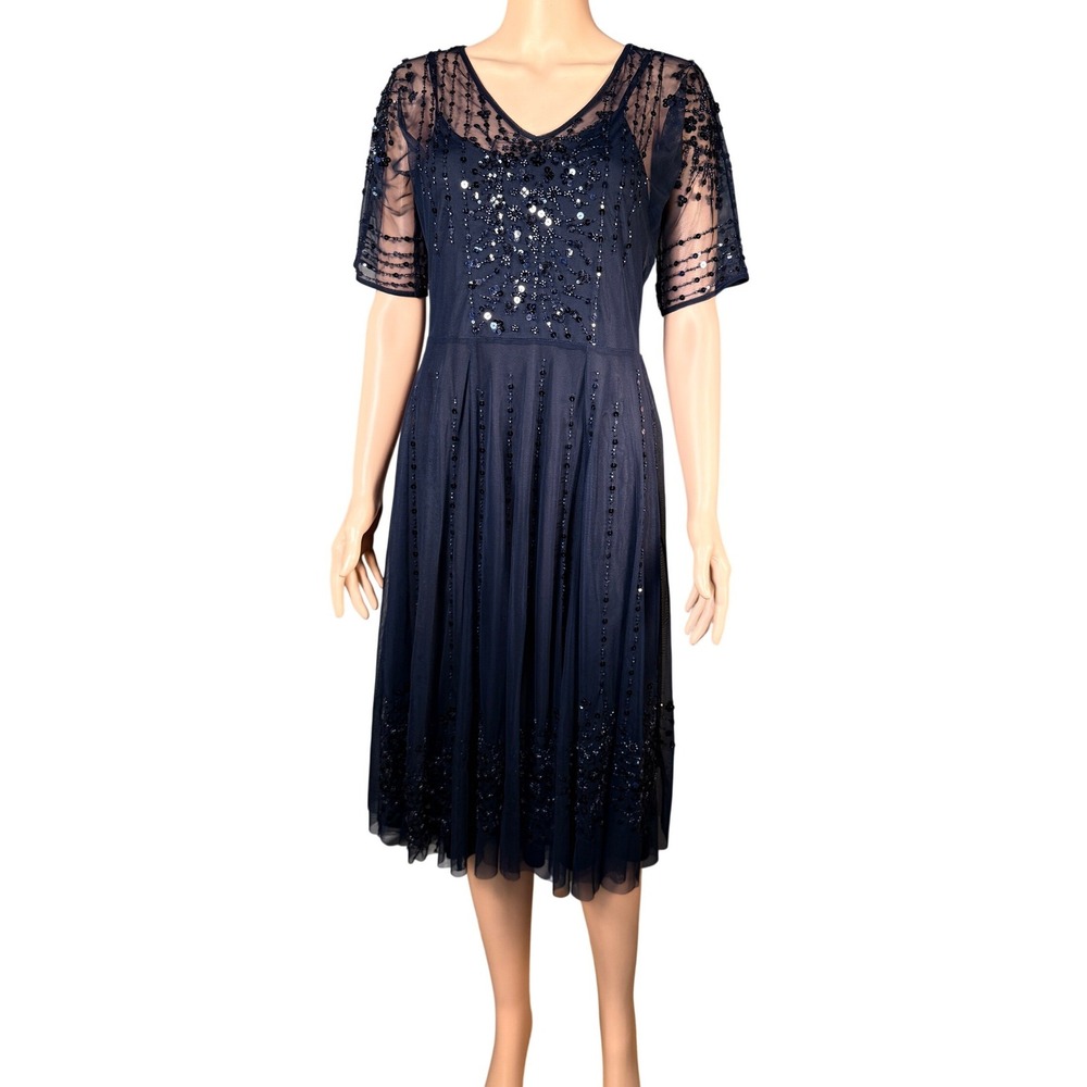 Johnny Was Shelea Navy Beaded Mesh Dress C32926-4 Size S NWT Slip Included
